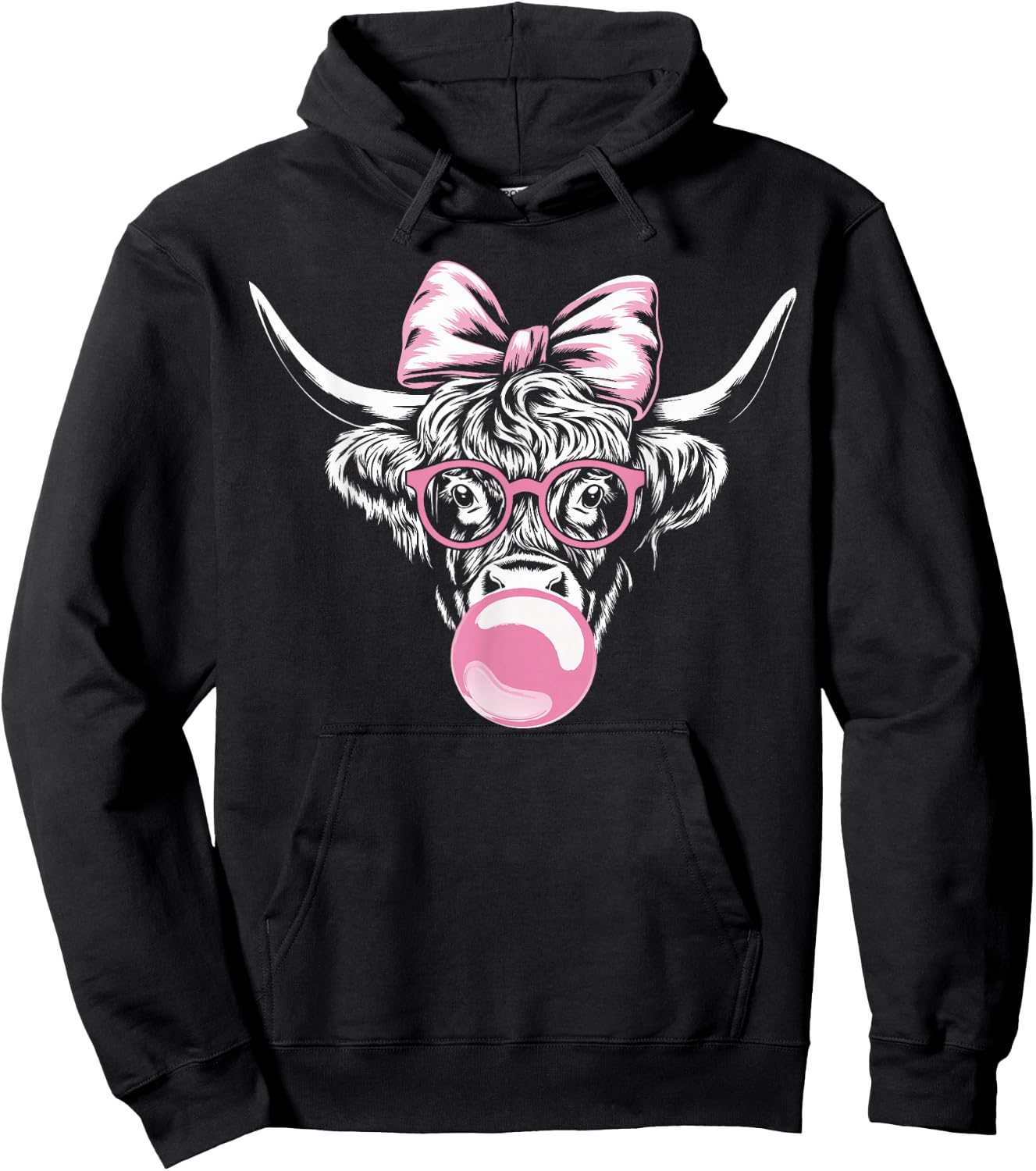 Highland Cow Wearing Glasses and Blowing Pink Bubble Gum Hoodie - Hoodie | Black