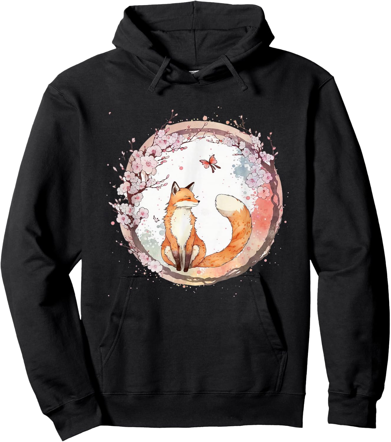 Kawaii Japanese Fox Butterfly Cherry Blossom , black Hoodie - Hoodie | Black