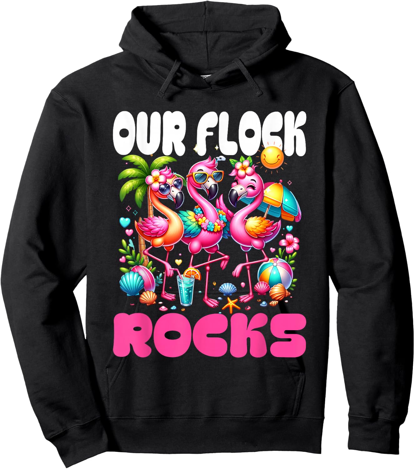 Our Flock Rocks Flamingo Summer Vacation Family Matching Hoodie - Hoodie | Black