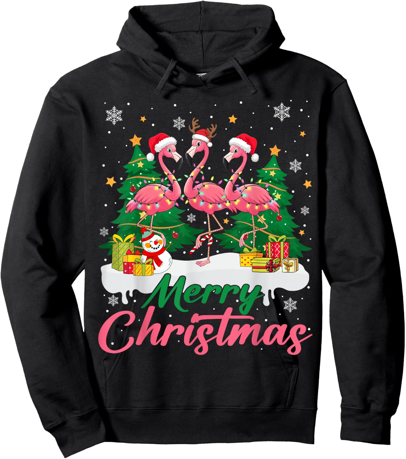 Flamingo Light Christmas Snow Merry Christmas Tree Santa Hoodie - Hoodie | Black