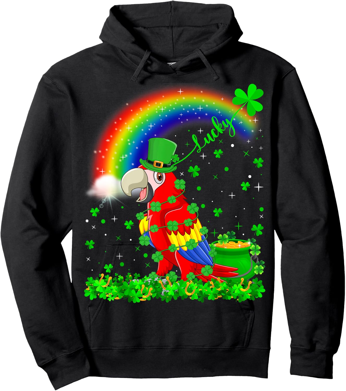 Rainbow Irish Shamrock Lucky Parrot Bird St. Patrick's Day Hoodie - Hoodie | Black