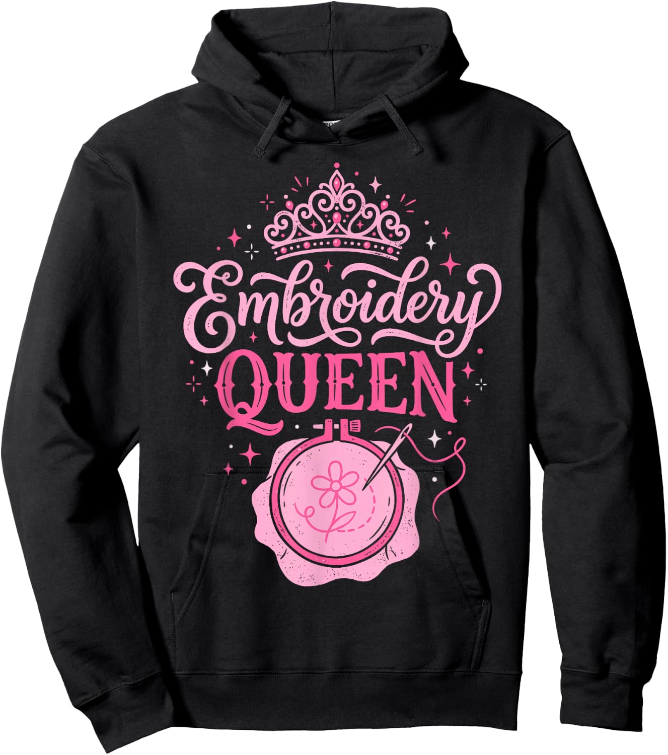 Embroidery Queen Pink Crown Hoop and Needle Aesthetic Hoodie - Hoodie | Black