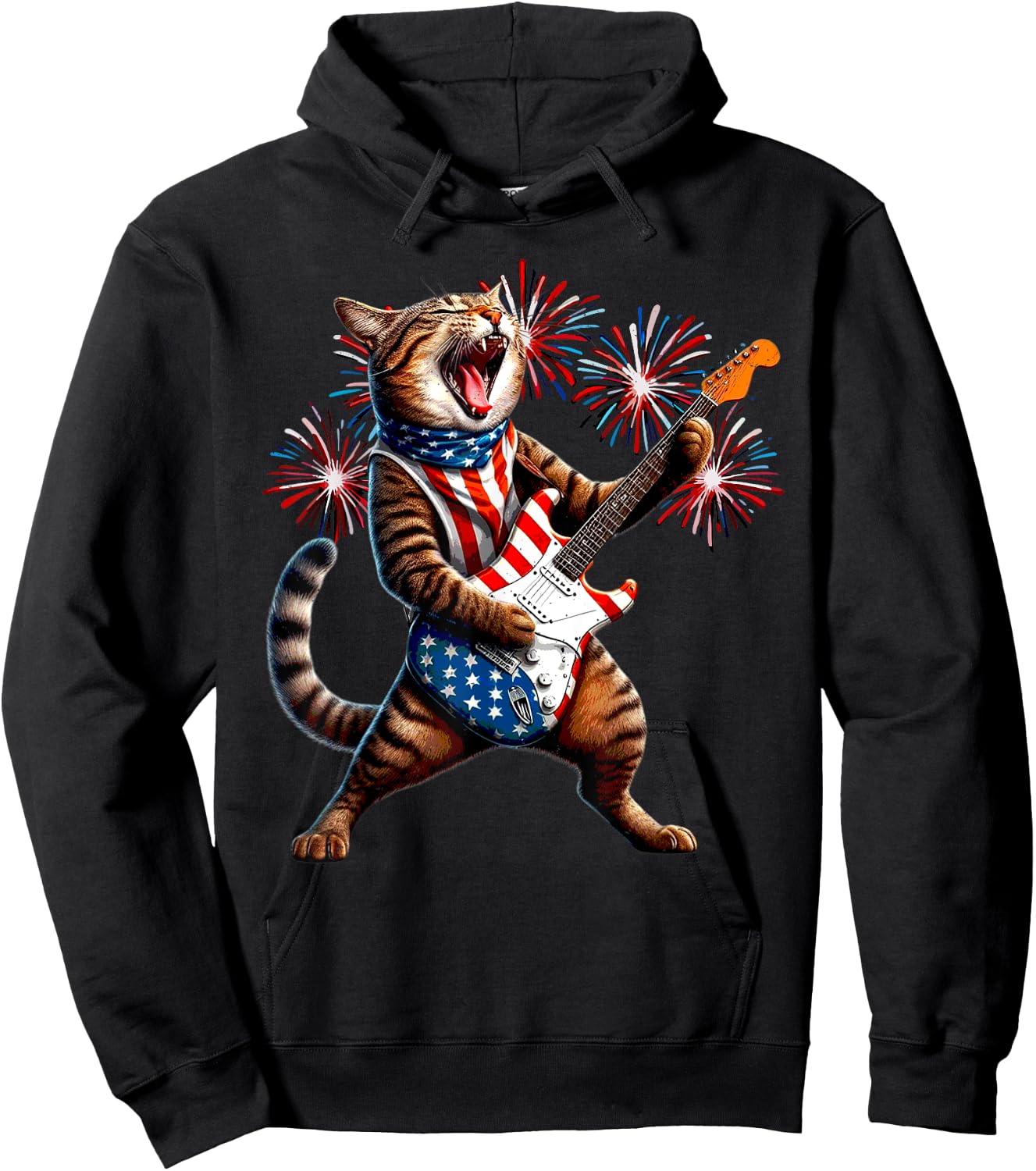 Cat Playing Guitar American Flag 4th Of July Patriotic Women Kids Hoodie - Hoodie | Black