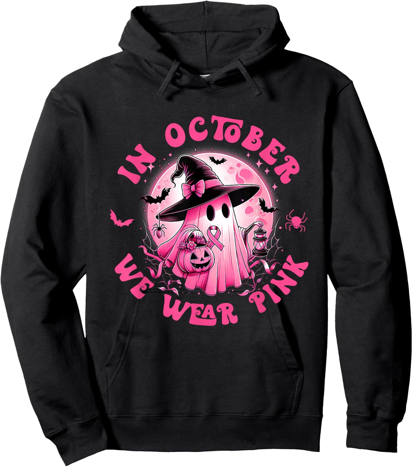 In October We Wear Pink Ghost Witch Breast Cancer Awareness Hoodie - Hoodie | Black