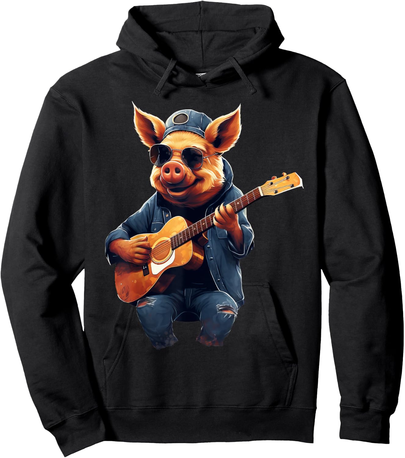 Cute Pig Playing Guitar Pigs Musician Music Hoodie - Hoodie | Black