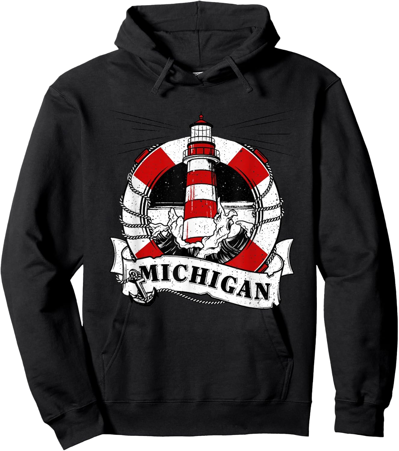 Vintage Michigan Great Lakes Lighthouse Travel Souvenir Hoodie - Hoodie | Black