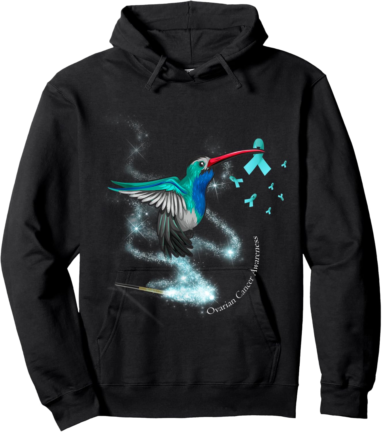 Hummingbird Holding Teal Ribbon Ovarian Cancer Awareness Hoodie - Hoodie | Black