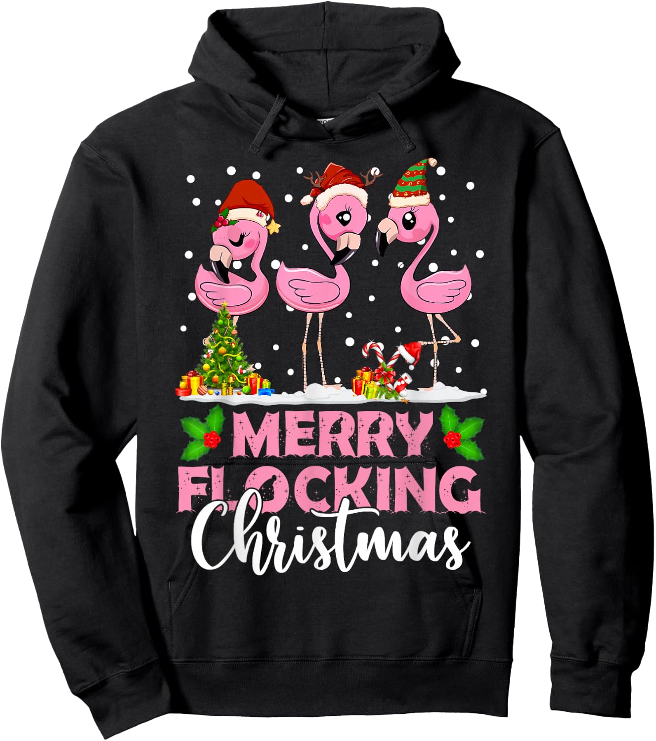 Merry Flocking Christmas Funny Pink Flamingo Santa Hat Hoodie - Hoodie | Black
