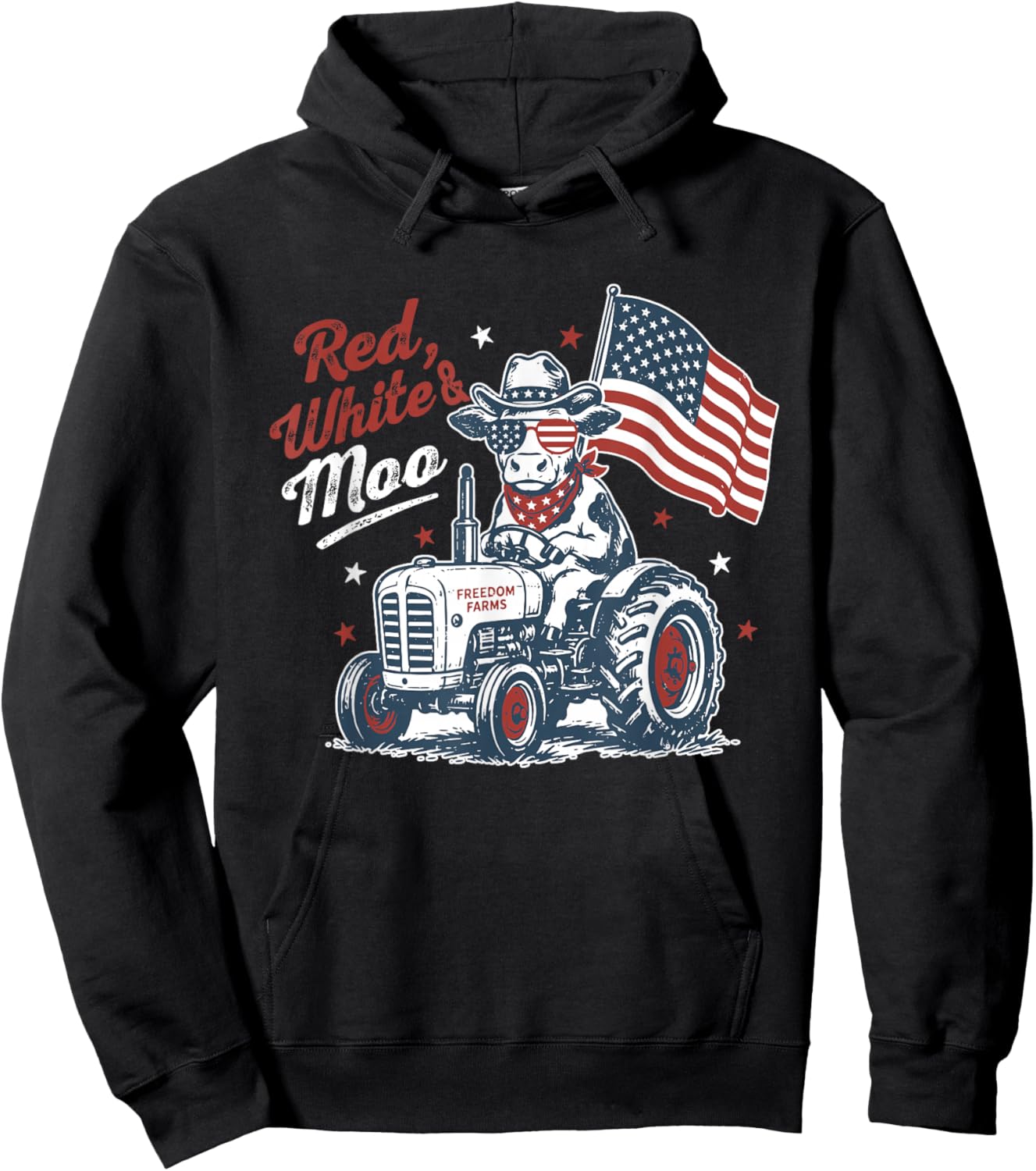 Red White and Moo 4th of July American Cow Tractor Lover Hoodie - Hoodie | Black