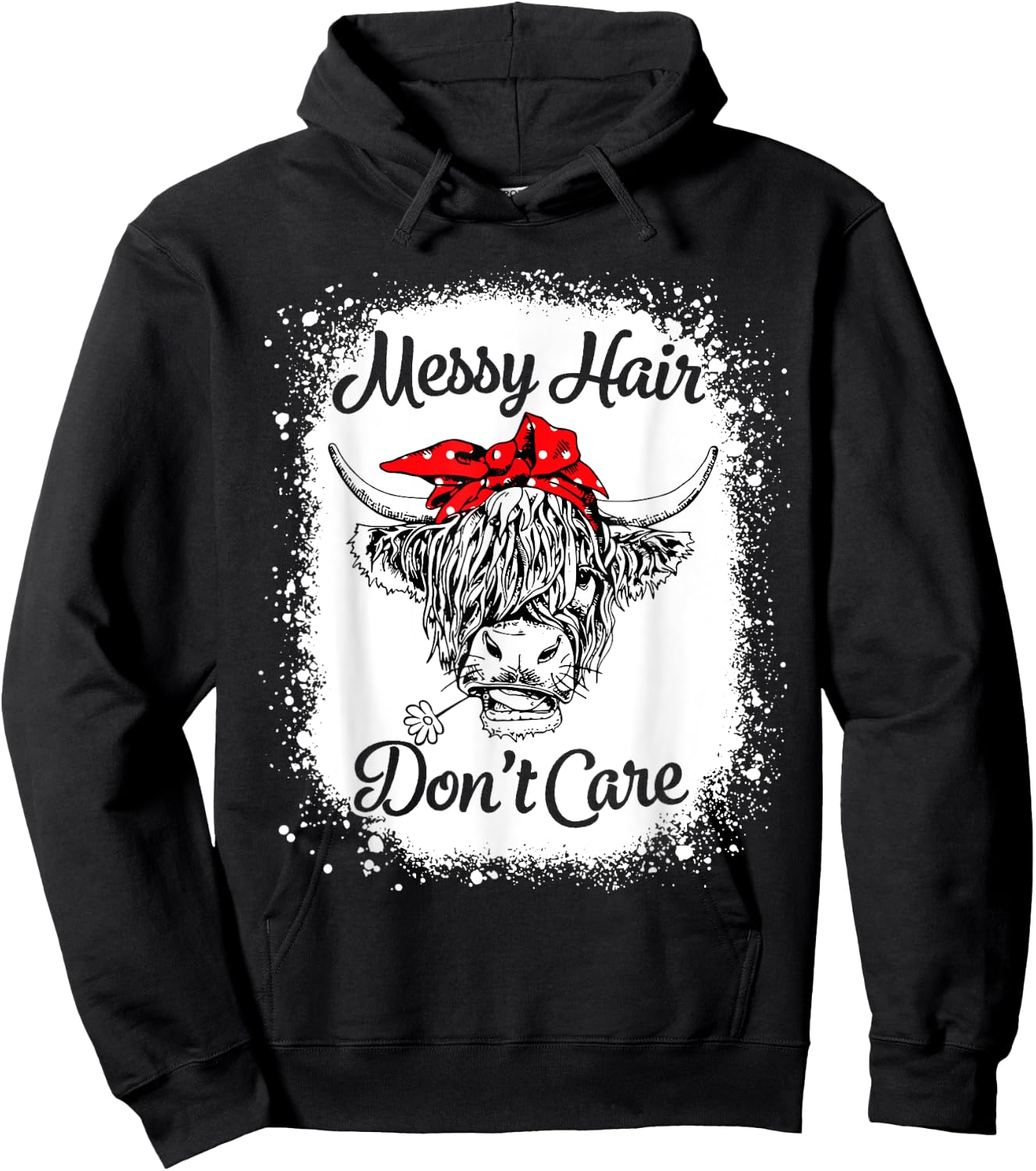 Bleached Highland Cow Cattle Bandana Messy Hair Don't Care Hoodie - Hoodie | Black