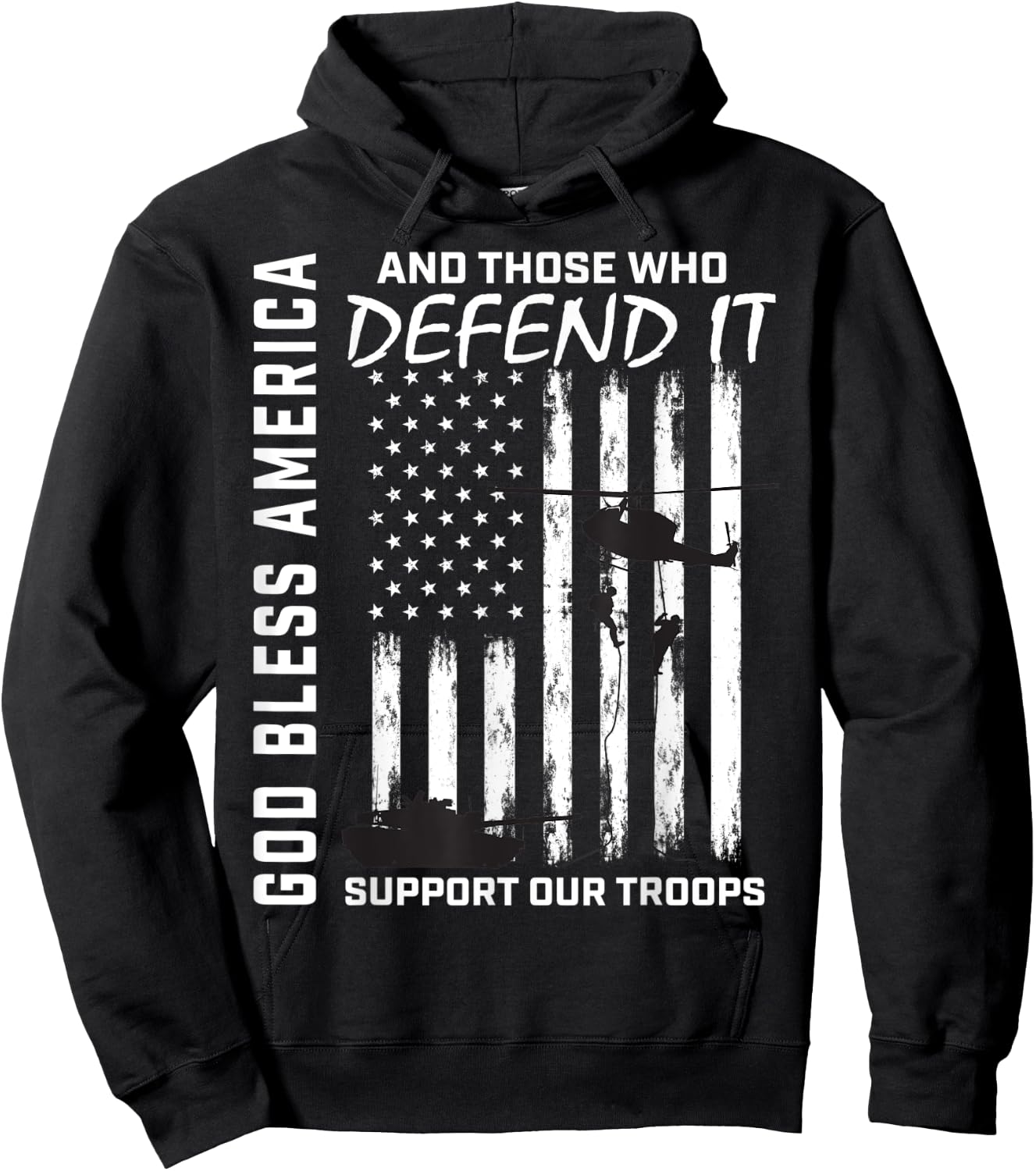 God Bless America Support Our Troops Veterans American Flag Hoodie - Hoodie | Black