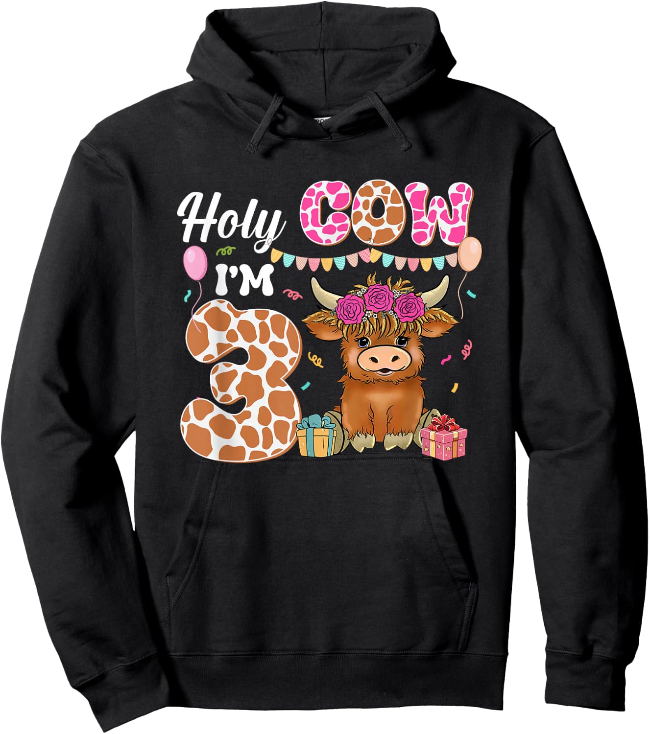 Holy Cow I'm 3 Highland Cow Farming 3rd Birthday 3 Years Old Hoodie - Hoodie | Black
