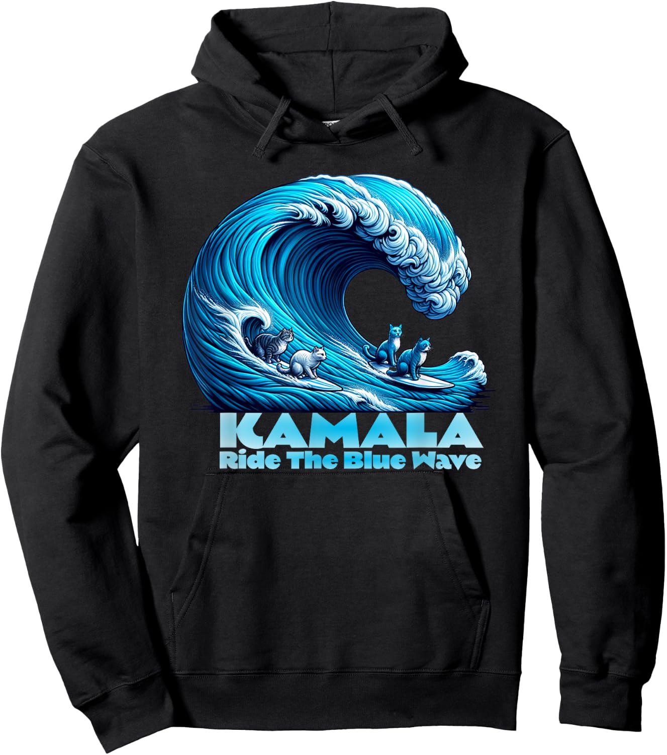 Kamala Harris for President, Blue Wave Surfing Cats 2024 Hoodie - Hoodie | Black