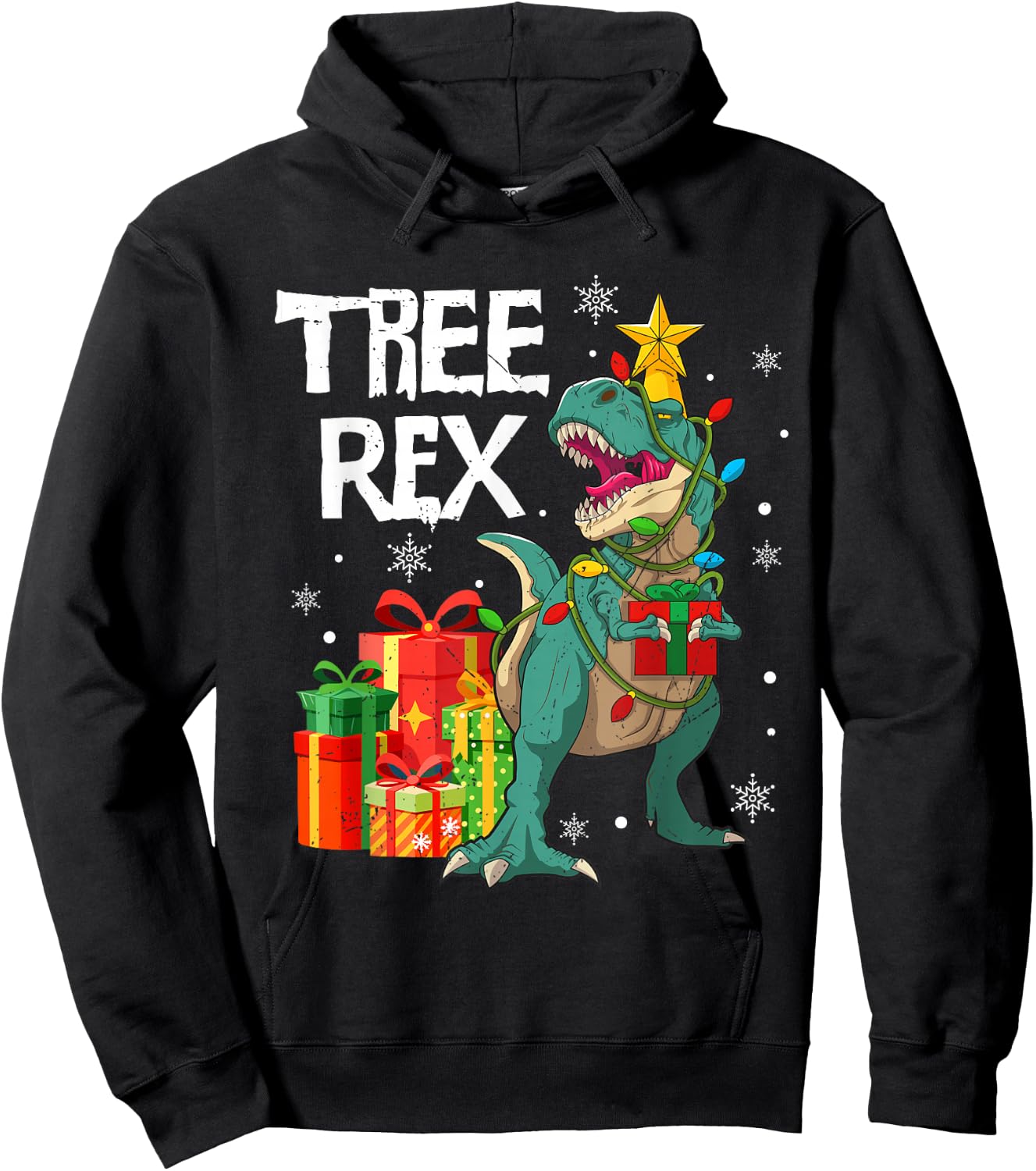 Dinosaur T Rex Christmas Tree Lights Pajamas Men Boys Kids Hoodie - Hoodie | Black