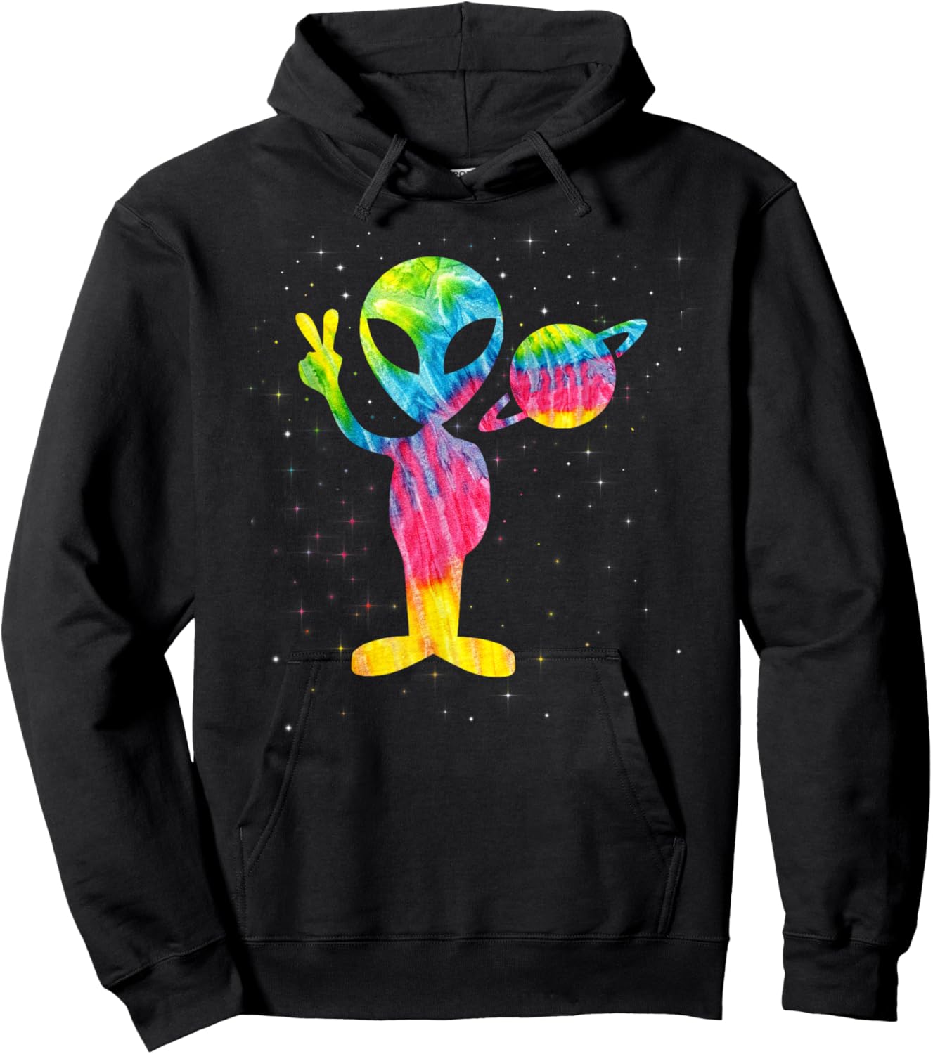 Vintage 1970s Tie Dye Groovy Alien Peace Retro Hoodie - Hoodie | Black