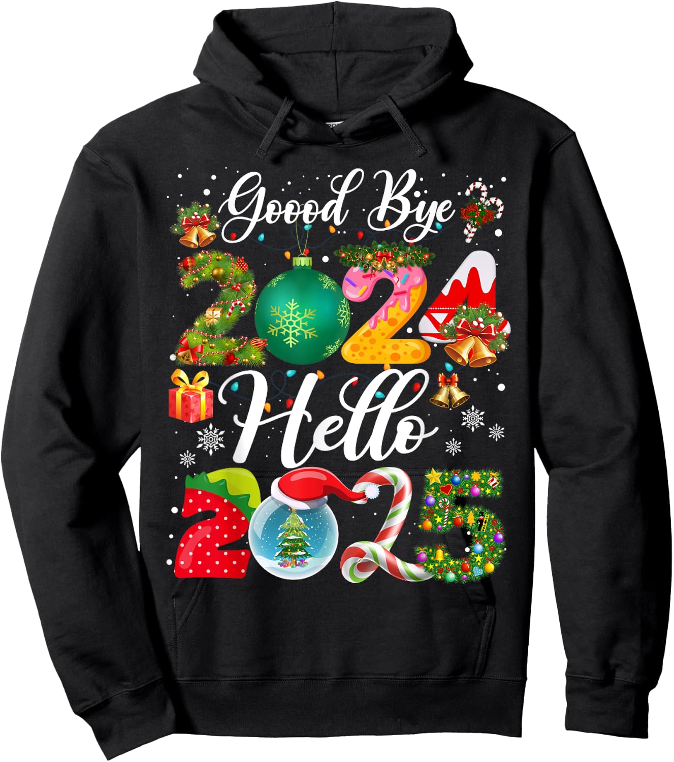 Christmas and New Year Family Matching Outfit Goodbye 2024 Hello 2025 Happy New Year's Eve Christmas Xmas - Black, -Adults & Kids, Short Sleeve, Small, Classic Fit, Cotton Blend Hoodie - Hoodie | Black