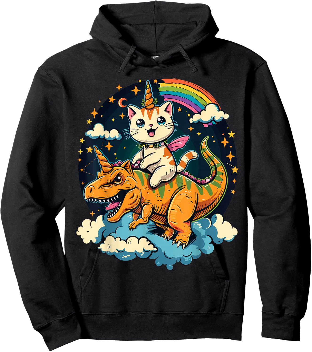 Cat Riding Dinosaur Kitten Lover Space Galaxy Hoodie - Hoodie | Black