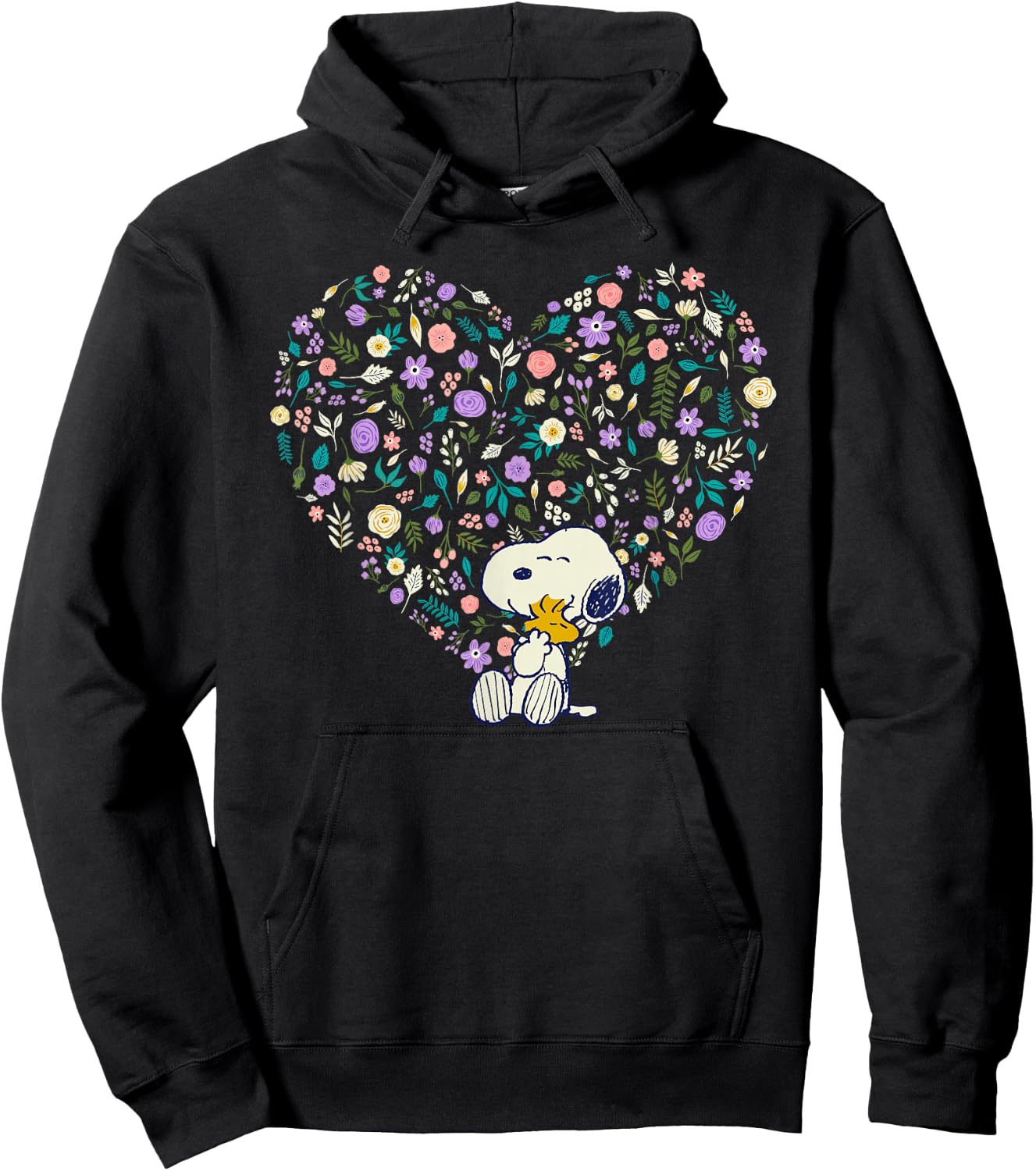 Peanuts Snoopy & Woodstock Hug Heart Floral Hoodie - Hoodie | Black