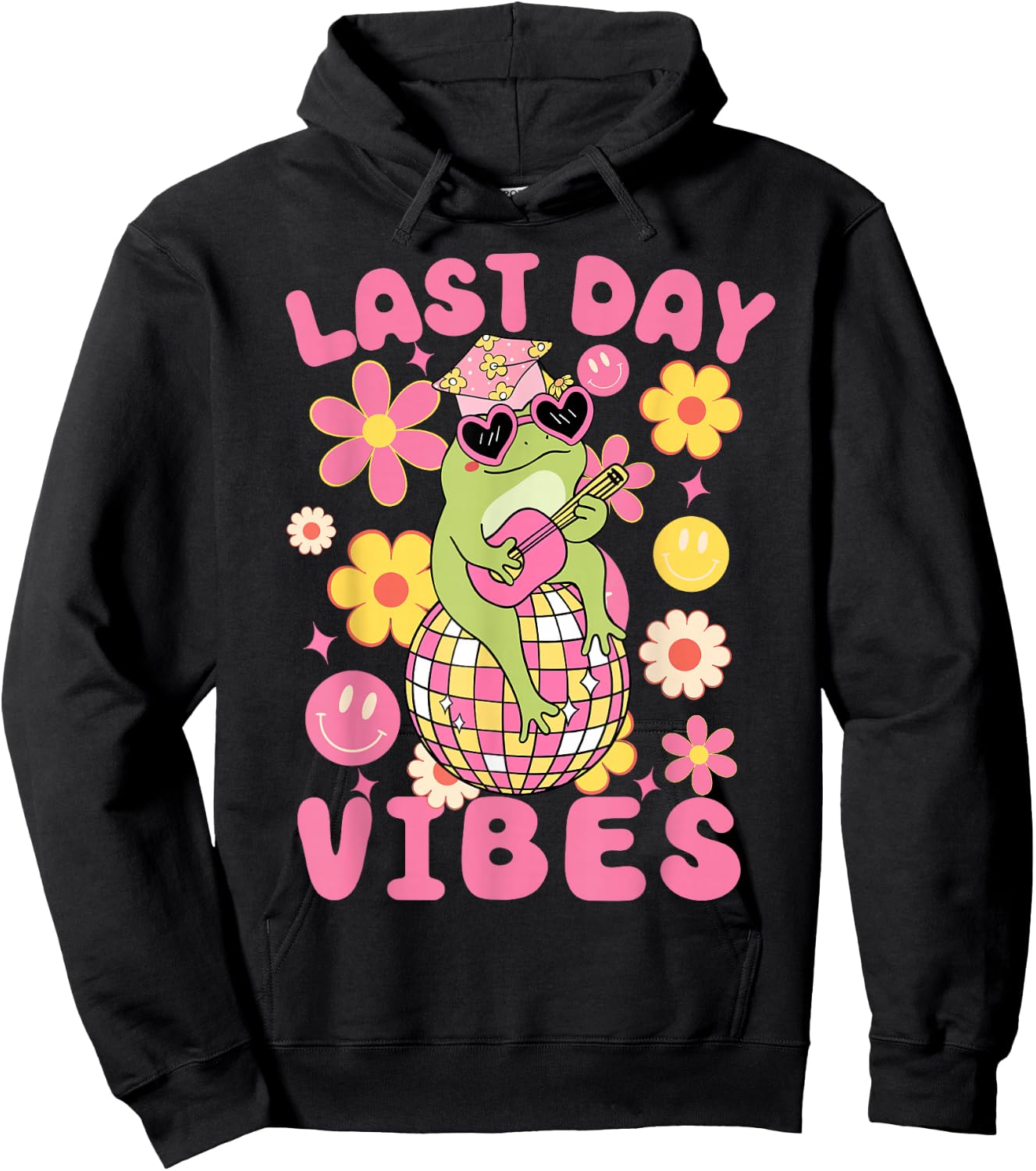 Last Day Of School Vibes-Groovy Frog and Flowers Girls Kids Hoodie - Hoodie | Black