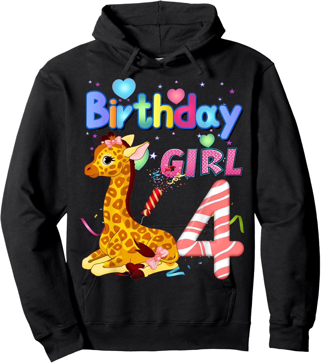 Giraffe Birthday For Girl 4th Giraffe Birthday 4 Year Old) Hoodie - Hoodie | Black