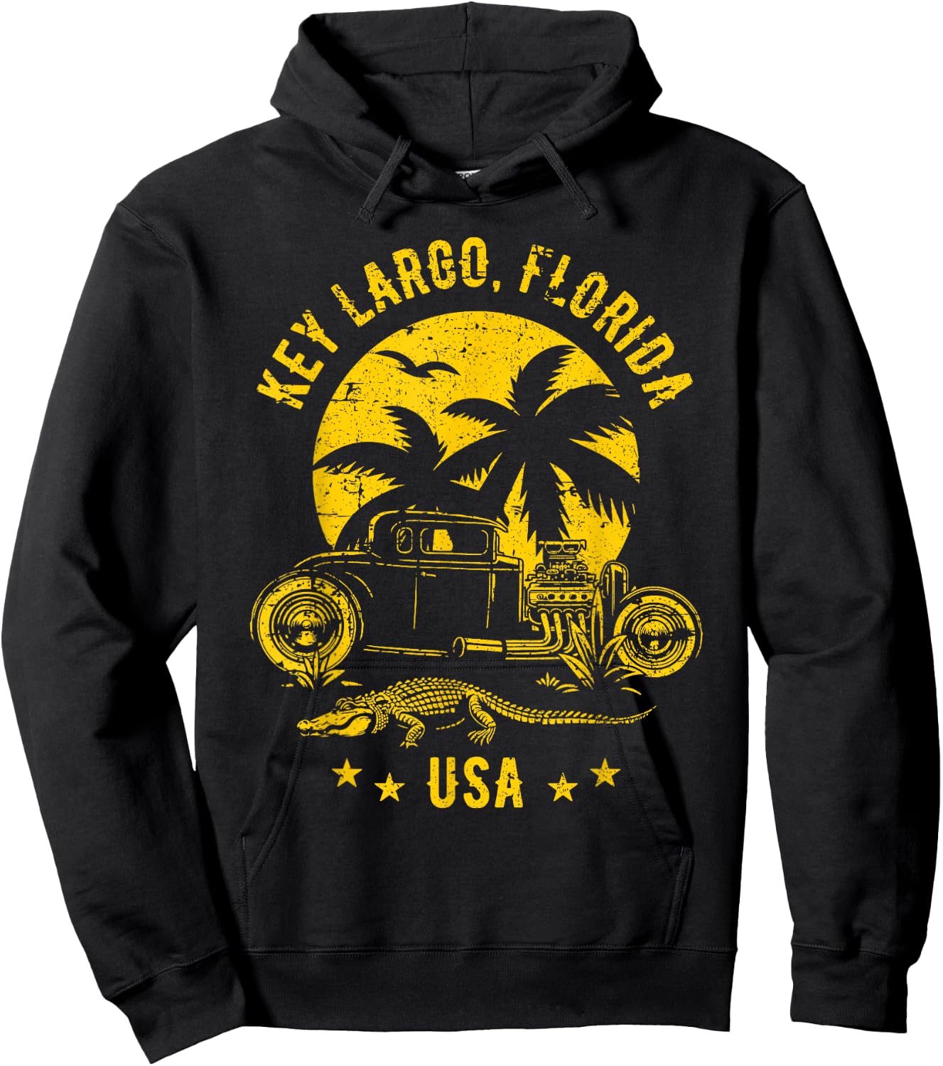 Key Largo Florida Sunset Hotrod Distressed Design , Black, S Hoodie - Hoodie | Black