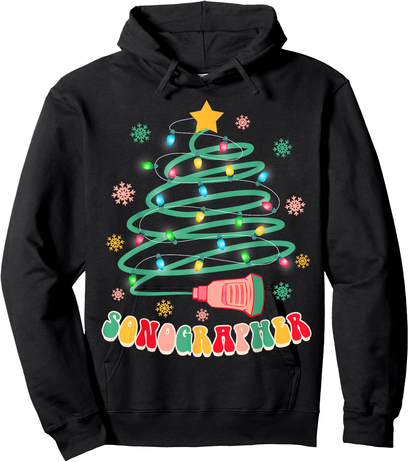 Xmas Vibes Sonographer Ultrasound Tech -Adults , Black, Small, Short Sleeve, Christmas-themed Hoodie - Hoodie | Black