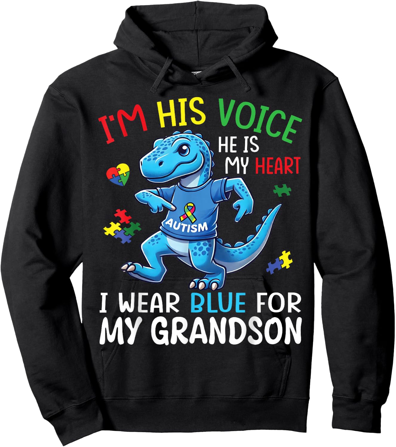 Dino I’m His Voice He’s My Heart I Wear Blue For My Grandson Hoodie - Hoodie | Black