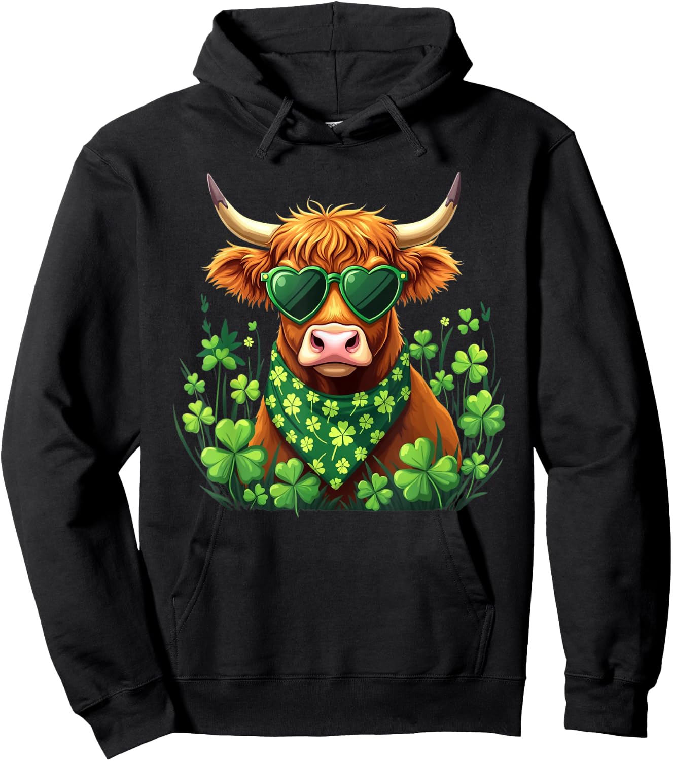 Cute Highland Cow St Patrick's Day Shamrock Cow Lover Women Hoodie - Hoodie | Black