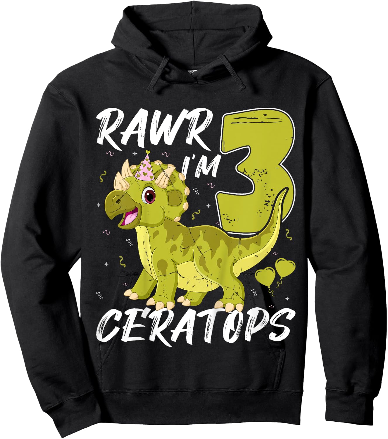 Rawr I Am Three Ceratops Dinosaur 3rd Birthday Party Kids Hoodie - Hoodie | Black