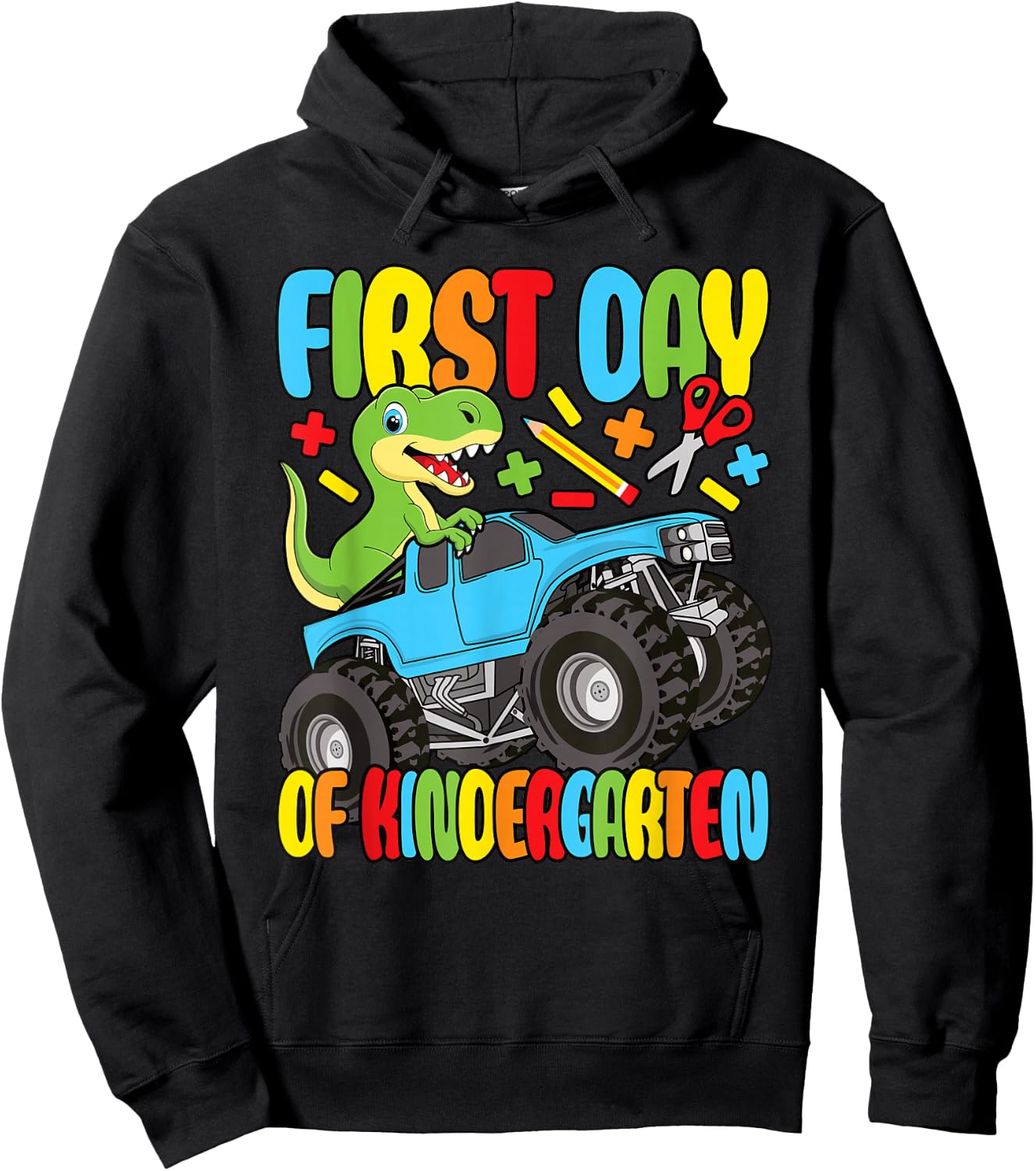 First Day Of Kindergarten Dinosaur Monster Truck Boys Kids Hoodie - Hoodie | Black