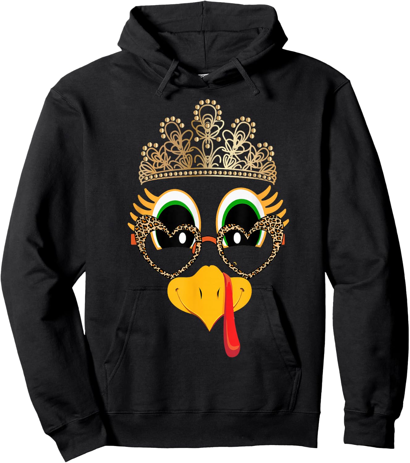Turkey Face Girl Glasses Leopard With Crown Bow Thanksgiving Hoodie - Hoodie | Black