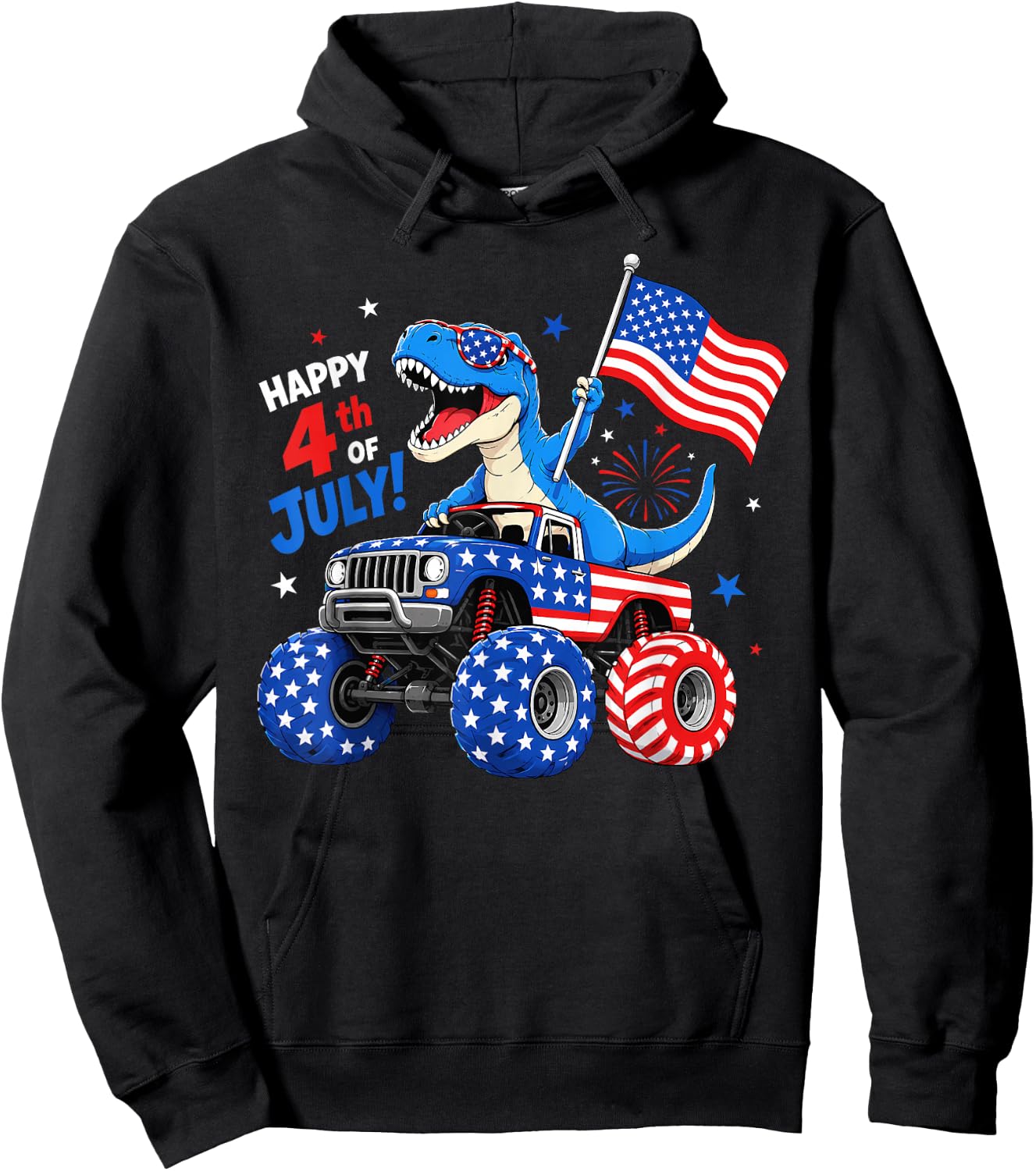Patriotic Dinosaur Monster Truck 4th of July Toddler Boys Hoodie - Hoodie | Black