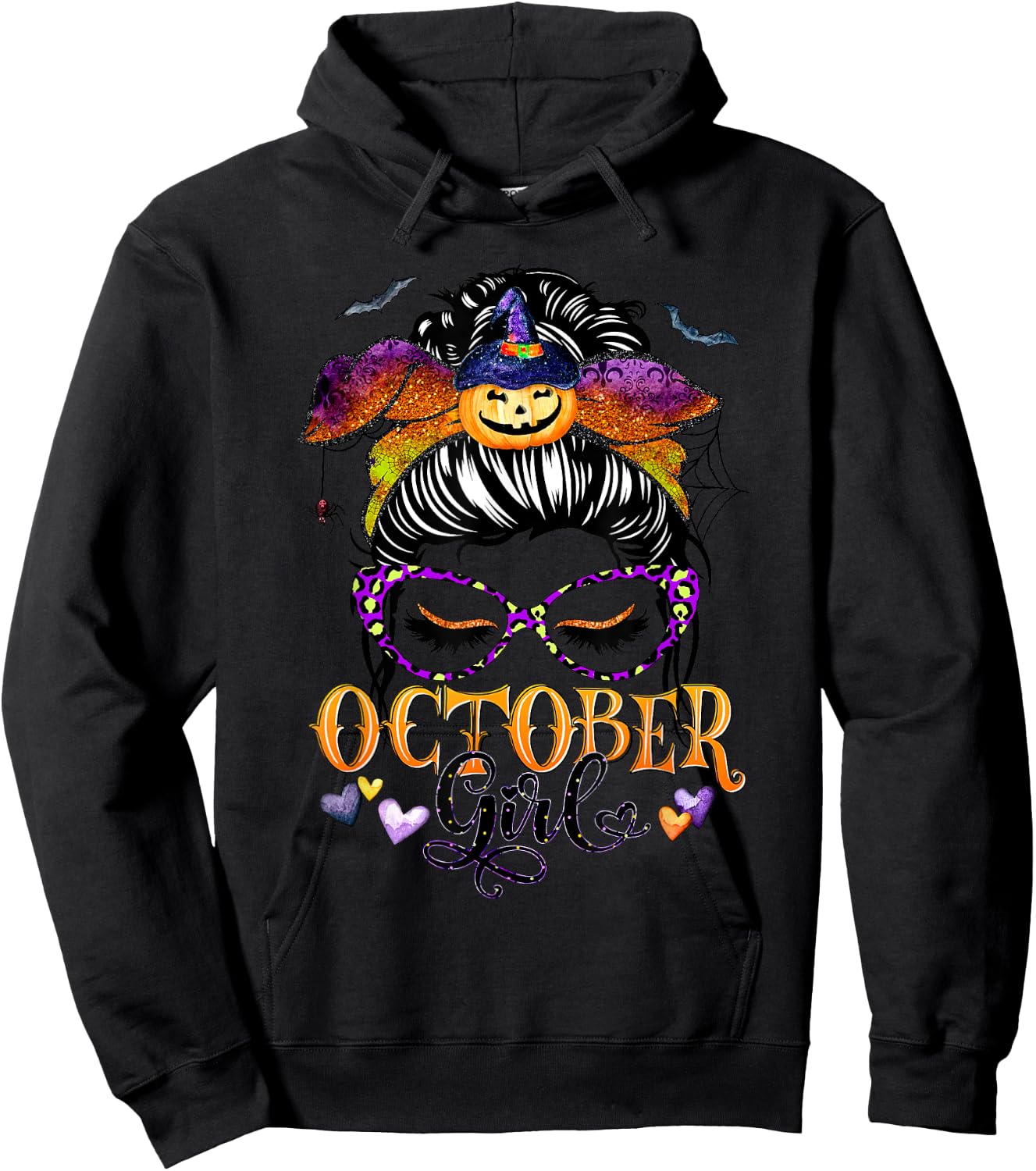 October Girl Halloween Messy Bun Lady Hair Glasses Leopard Hoodie - Hoodie | Black