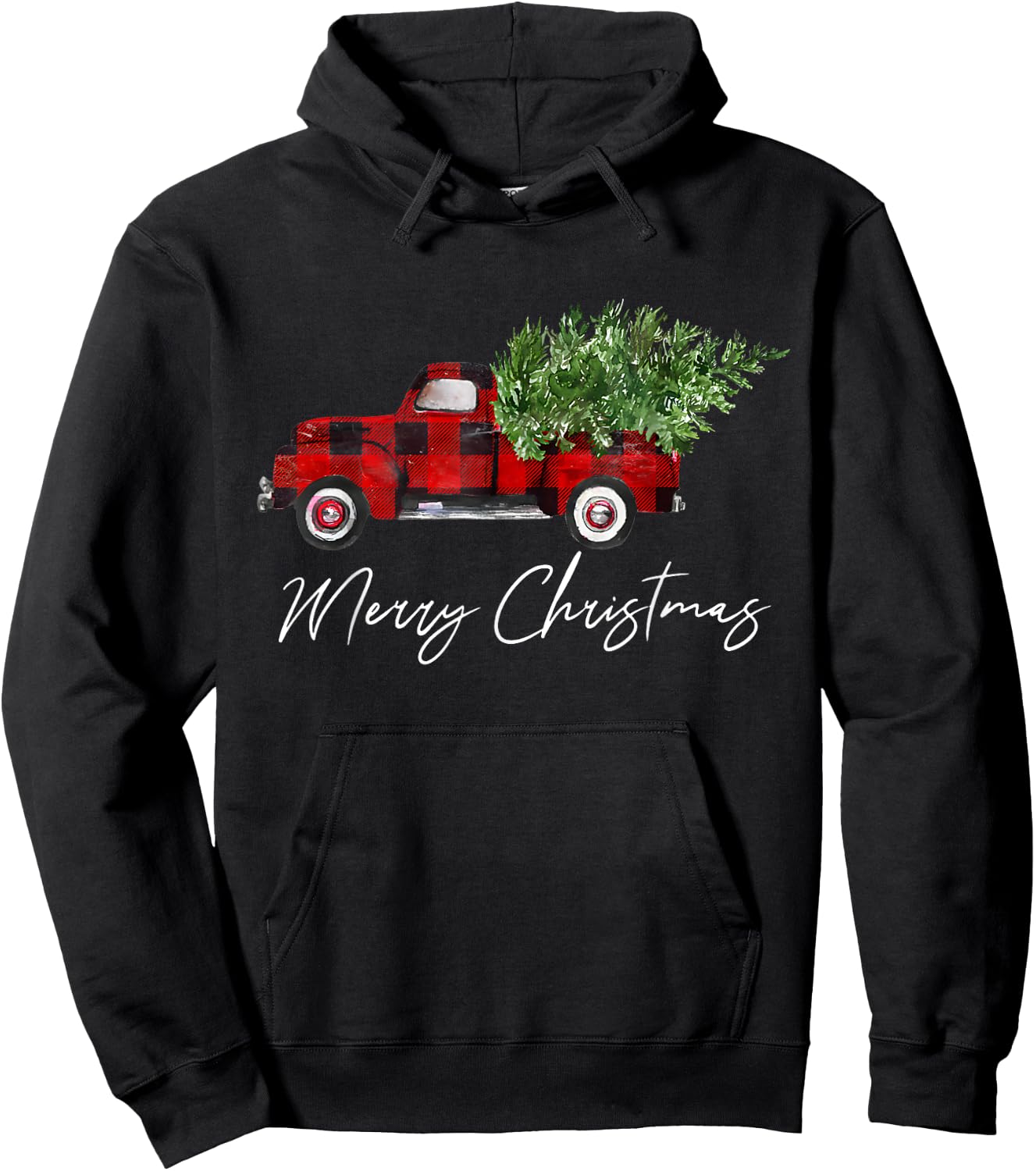 Red Buffalo Plaid Pickup Truck with Tree Merry Christmas Hoodie - Hoodie | Black