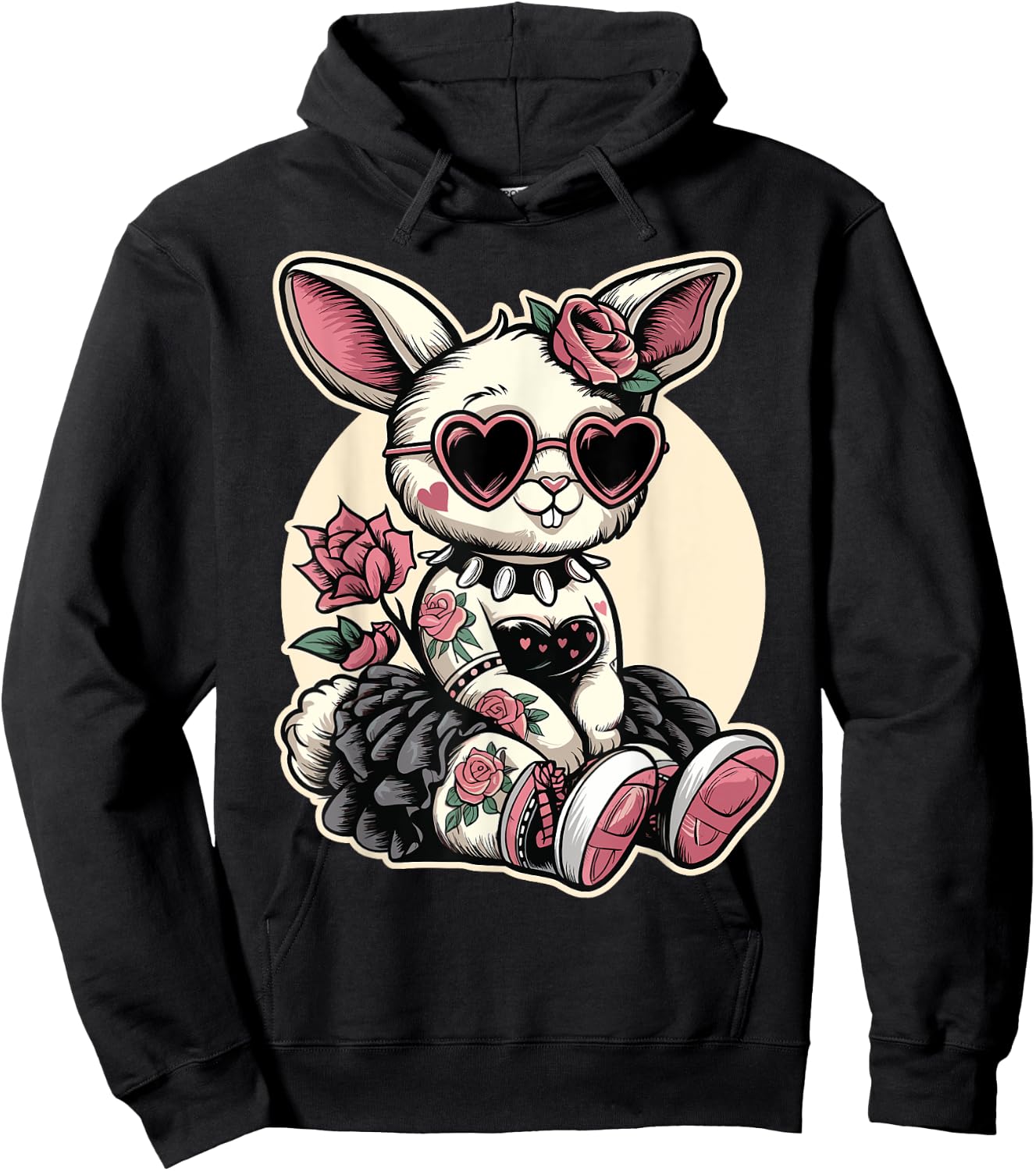 Gothic Kawaii Bunny with Heart Glasses Hoodie - Hoodie | Black