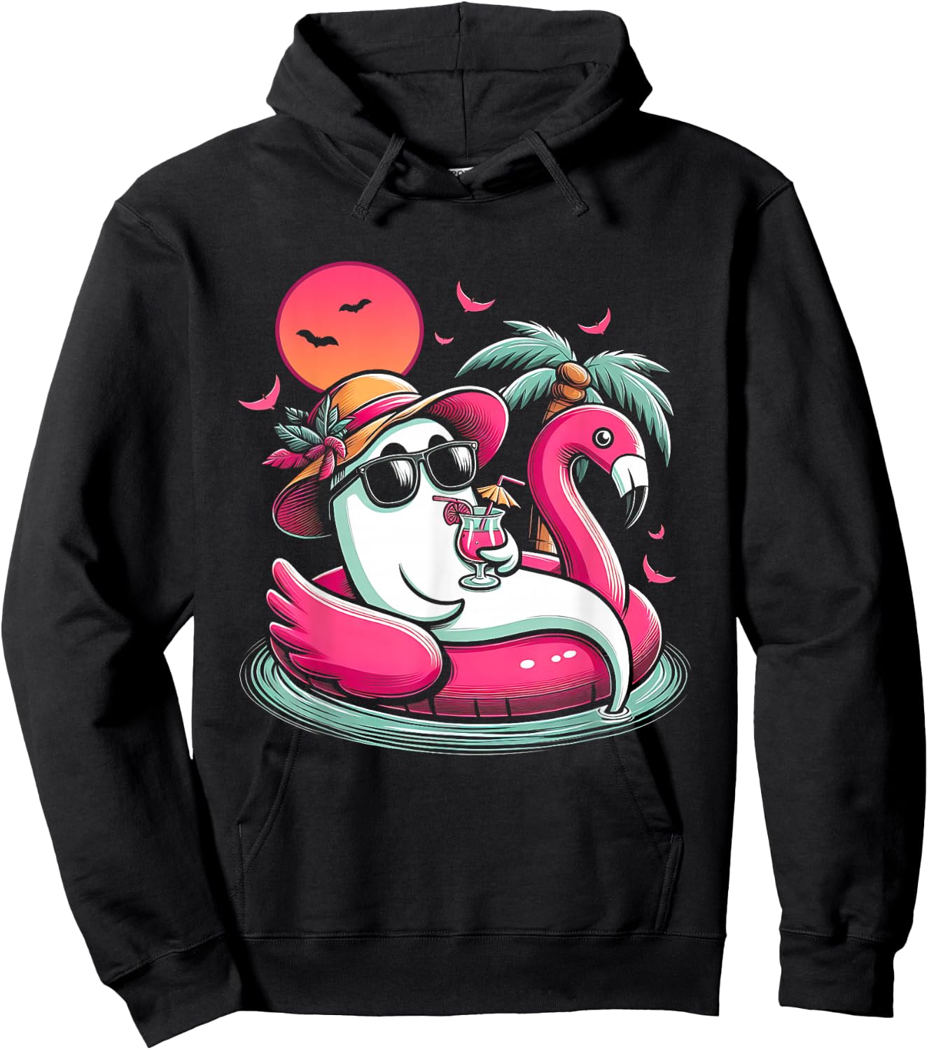 Ghost In Lifebuoy Flamingo On A Pool Float Summer ween Hoodie - Hoodie | Black