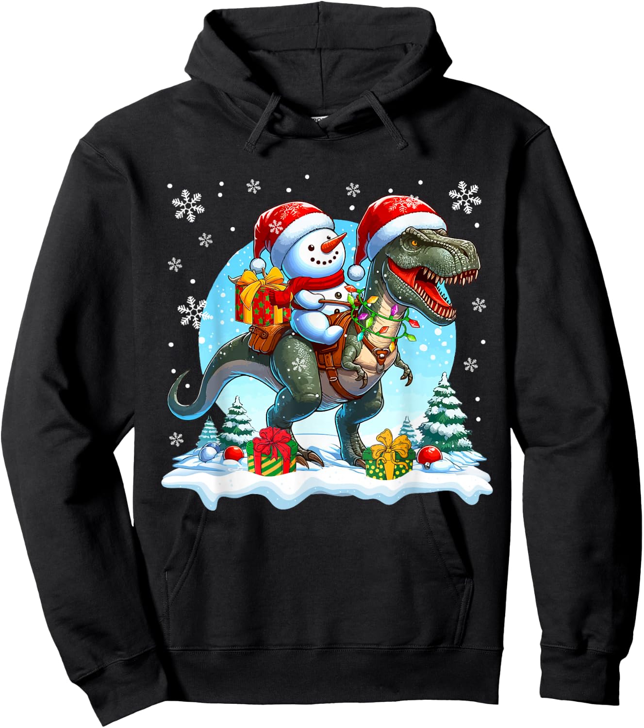 Santa Snowman Riding T-Rex Christmas Family Kids Toddler Hoodie - Hoodie | Black