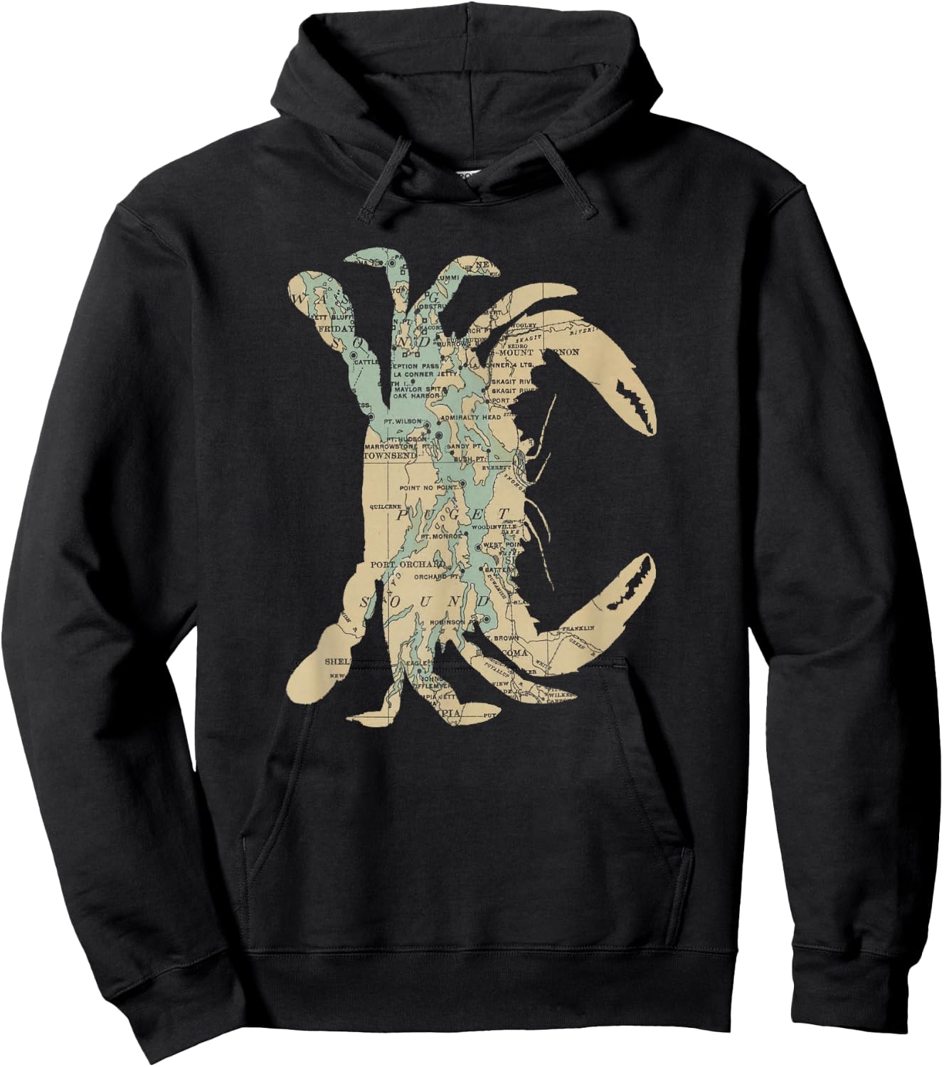 Puget Sound Washington State Crab Silhouette Map Hoodie - Hoodie | Black