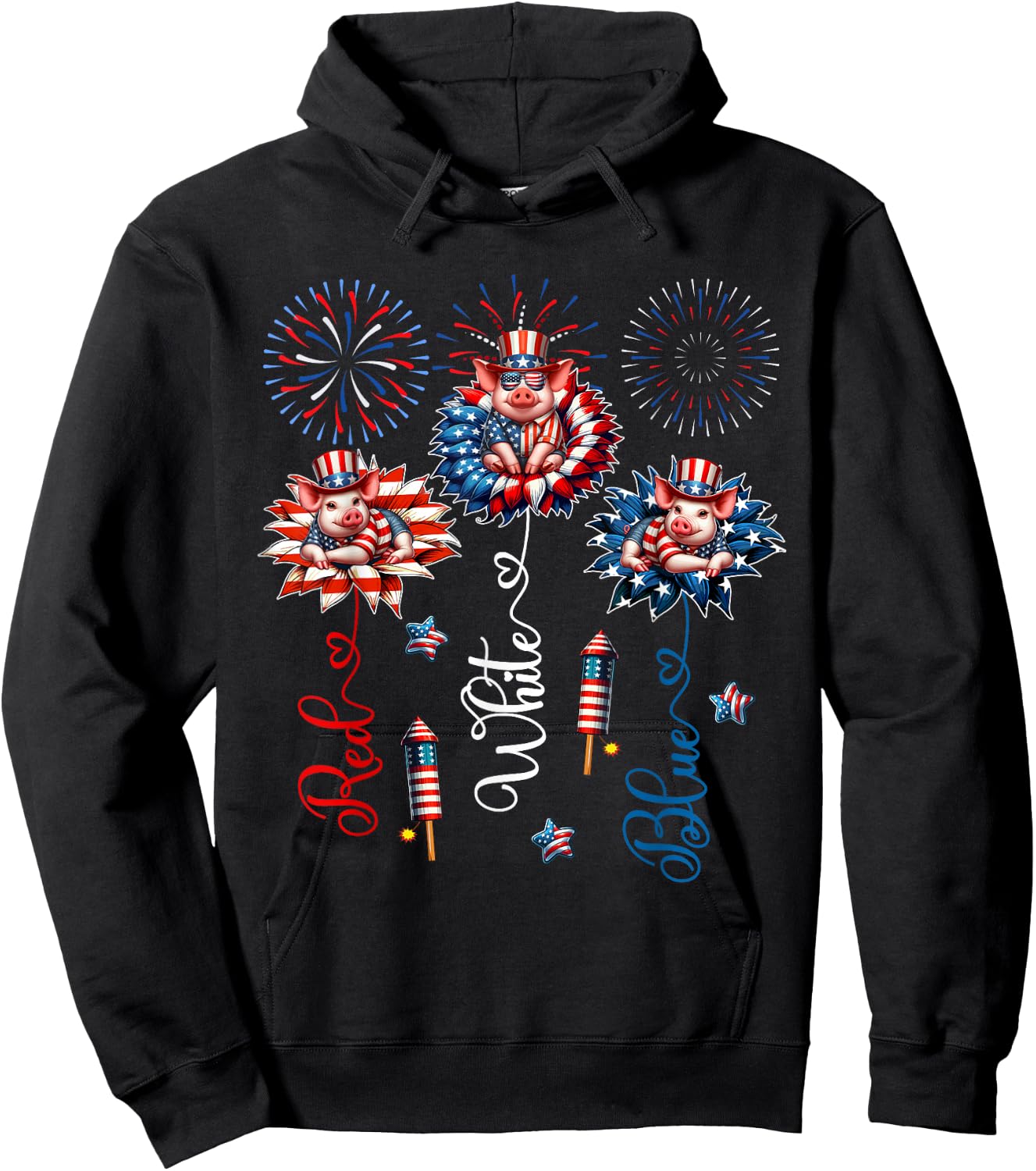 Red Blue White Three Cute Pigs On Floral 4th July Patriotic Hoodie - Hoodie | Black