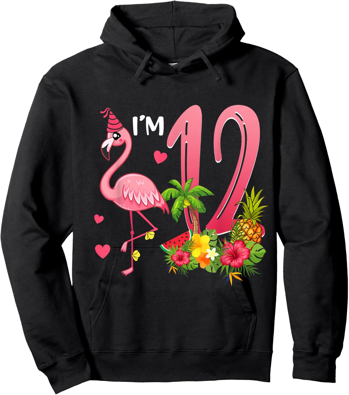I'm 12 Year Old Flamingo Tropical Theme 12th Birthday Girl Hoodie - Hoodie | Black