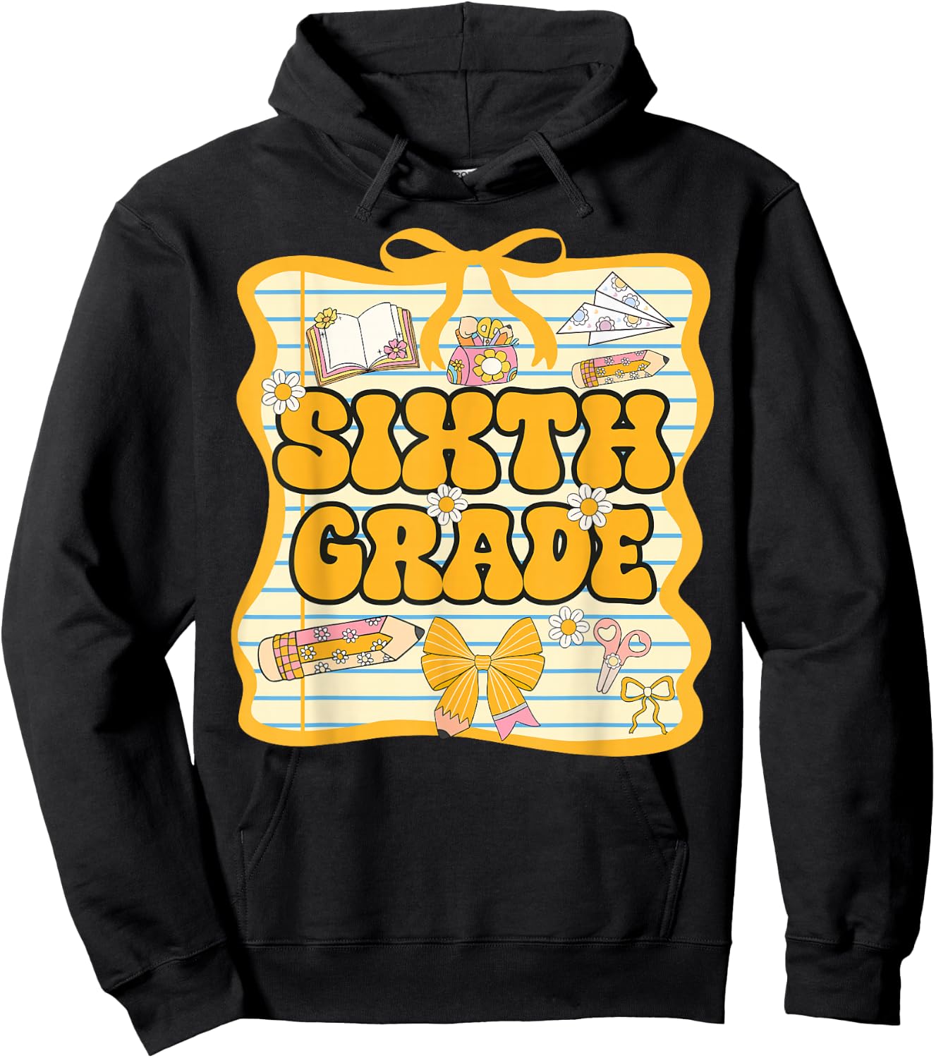 Sixth Grade Back To School Kids Girls Bow 6th Grade Groovy Hoodie - Hoodie | Black