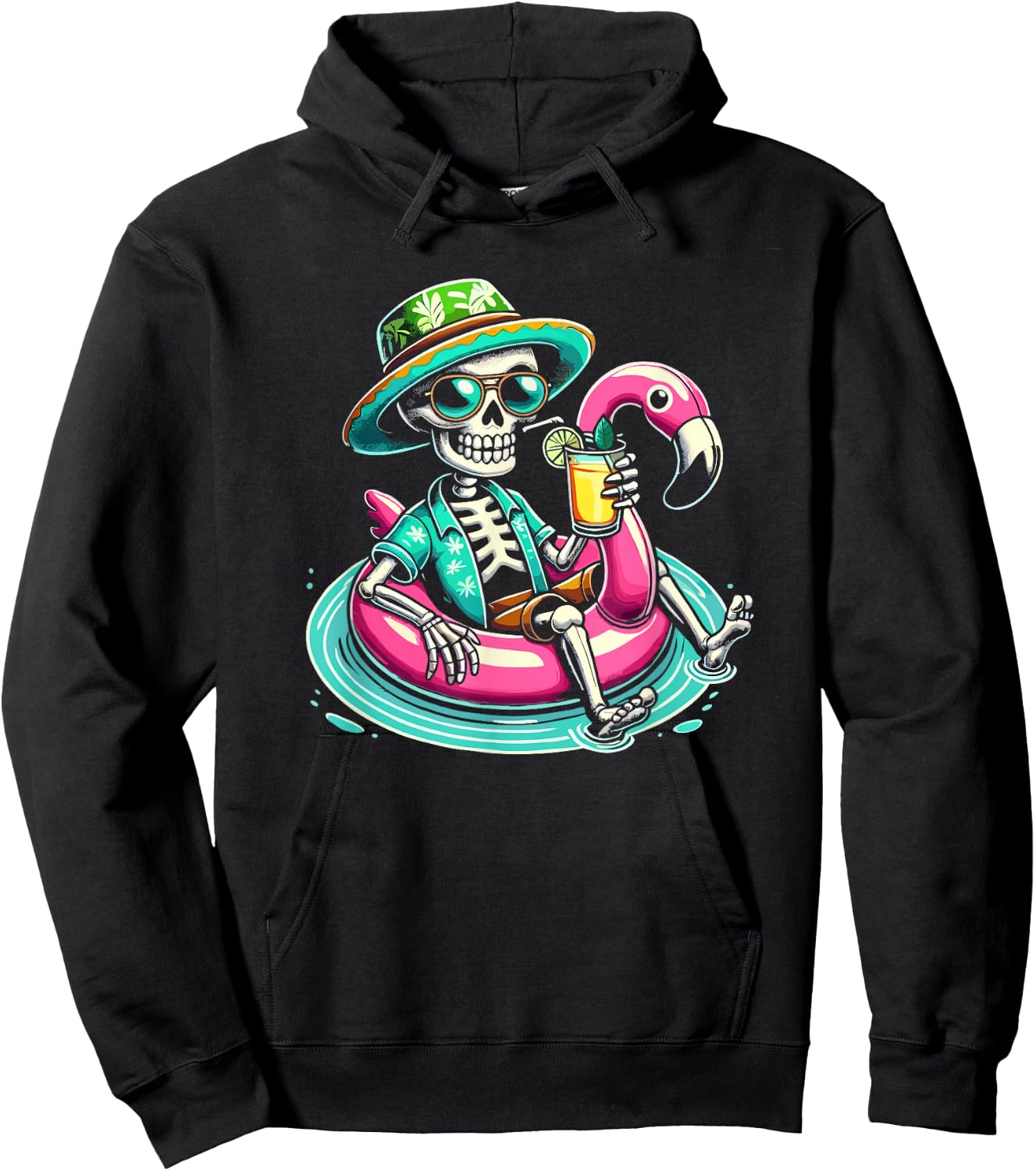 Skeleton Relaxing On Flamingo Float Beach Vibes Halloween Women Kids Hoodie - Hoodie | Black