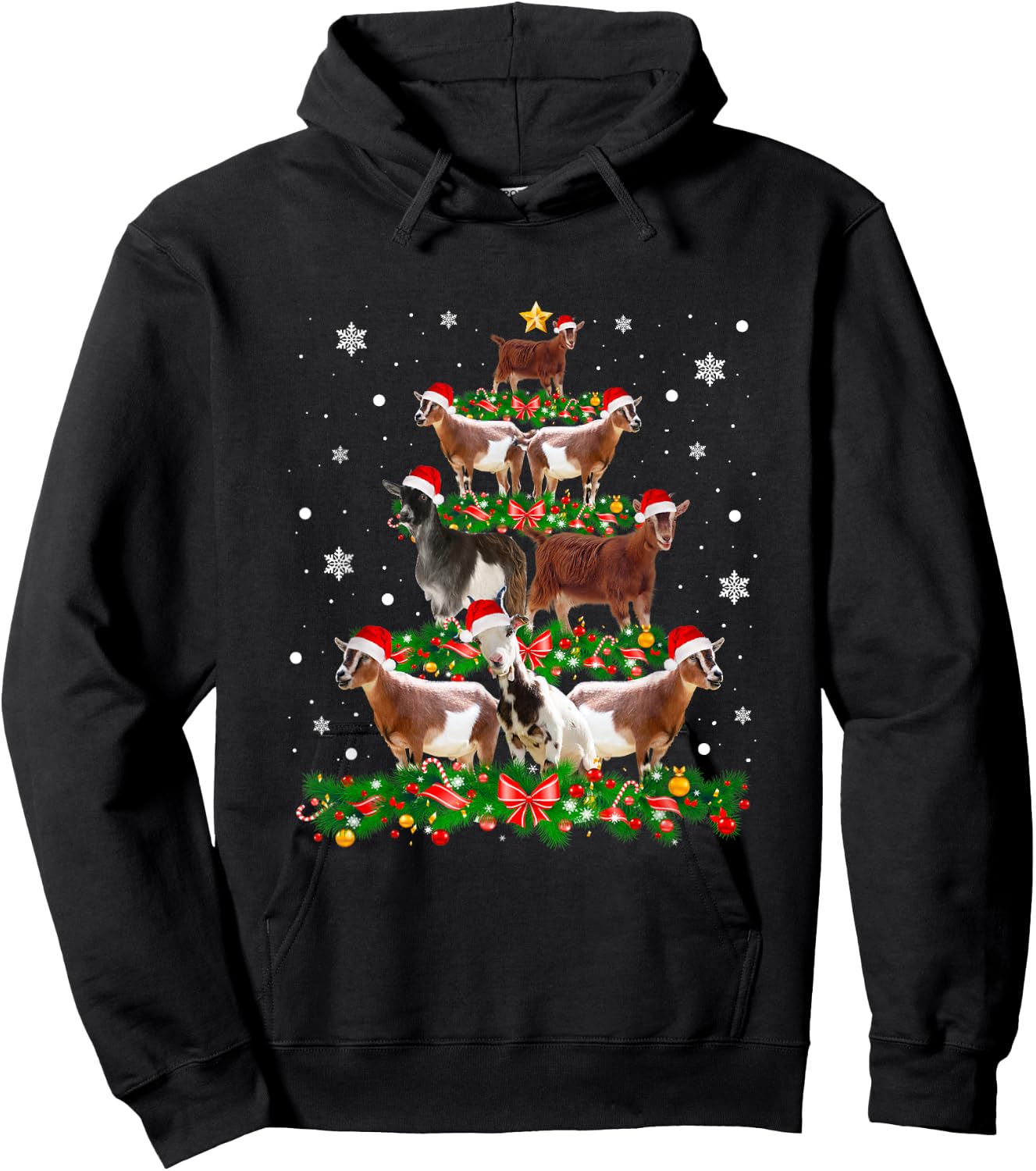 Goat Christmas Pajama Shirt Xmas Goats Tree Lights Santa Hat Hoodie - Hoodie | Black