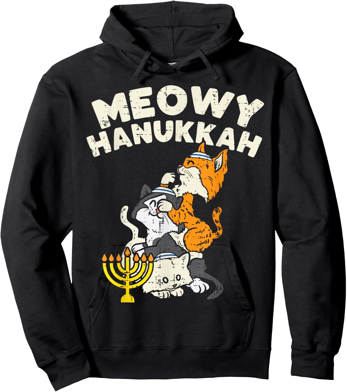 Meowy Hanukkah Cats Kitten Cute Hanukkah Pajamas Chanukah PJ Hoodie - Hoodie | Black
