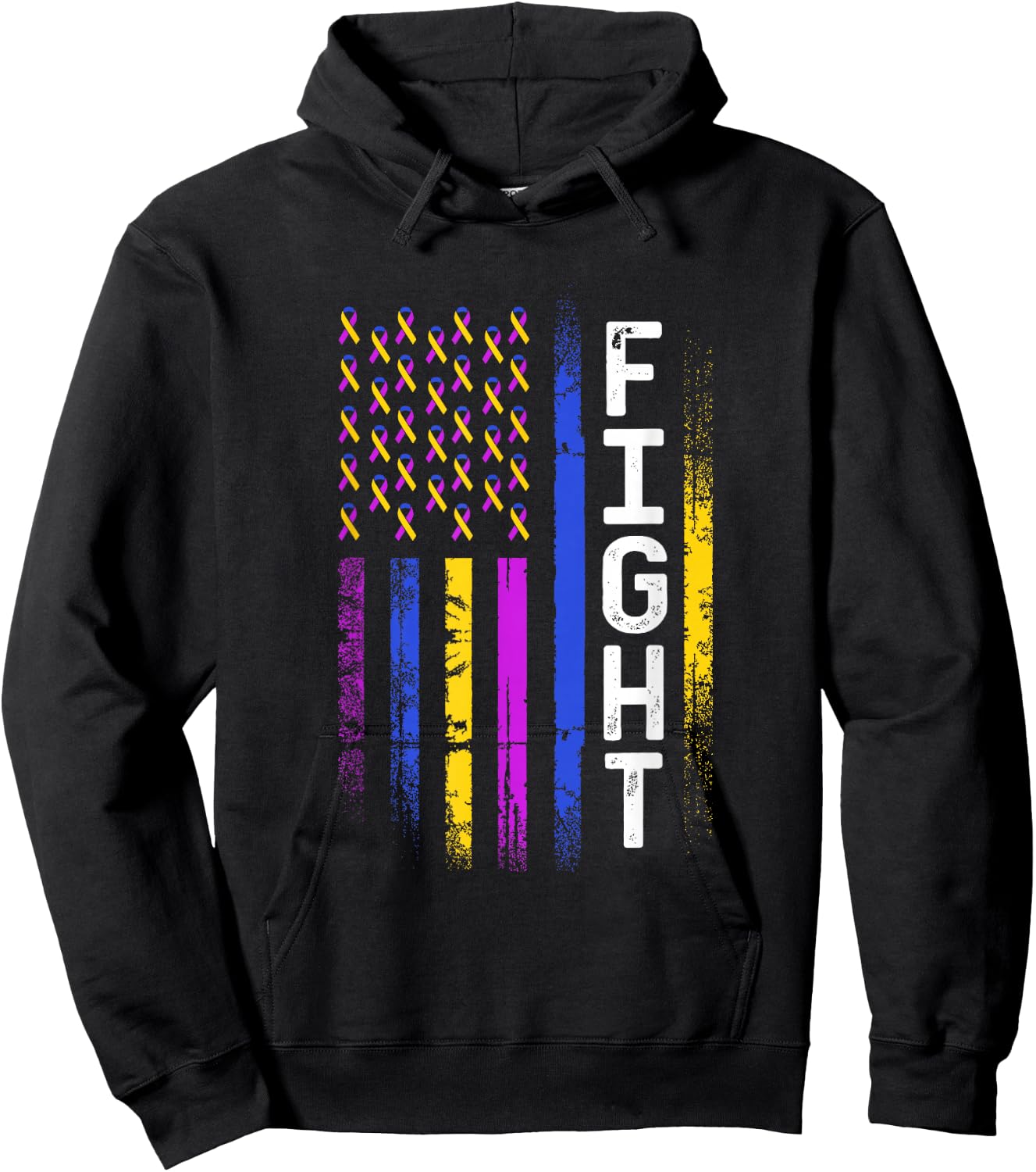 Bladder Cancer Flag Purple Yellow Blue Ribbon Awareness Hoodie - Hoodie | Black