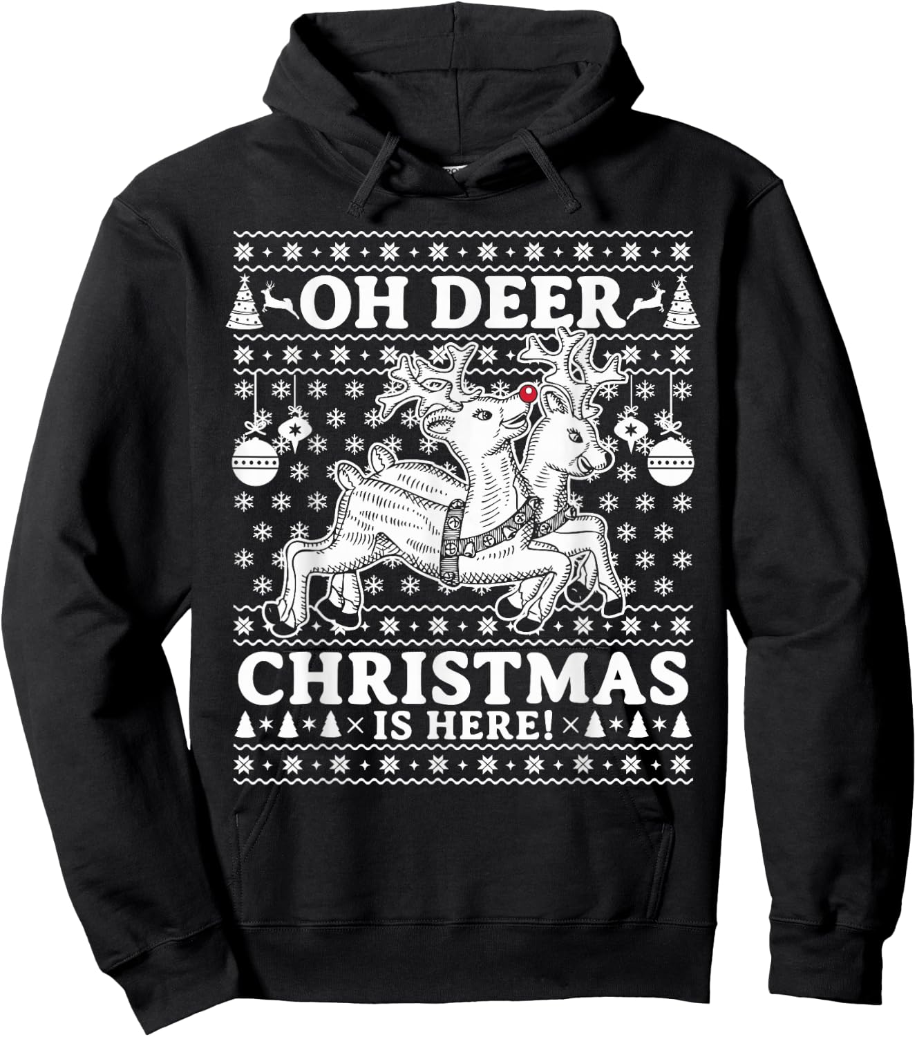 Oh Deer Christmas Is Here Reindeer Ugly Christmas Pajama Hoodie - Hoodie | Black