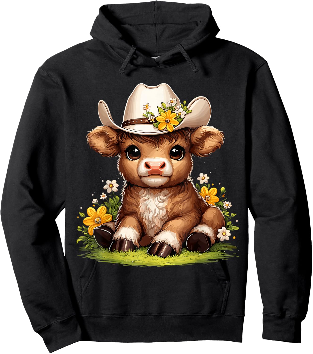 Scottish Highland Cow Flowers Cattle Hairy Cow Hoodie - Hoodie | Black