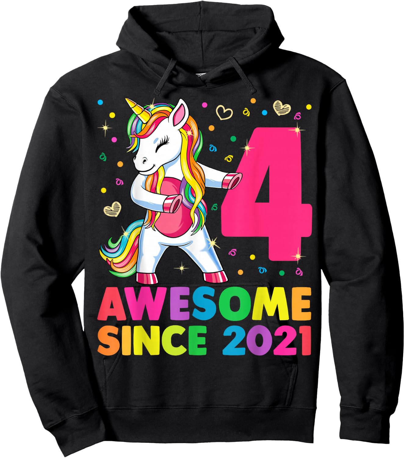 4 Years Old Unicorn Flossing 4th Birthday Girl Unicorn Party Hoodie - Hoodie | Black