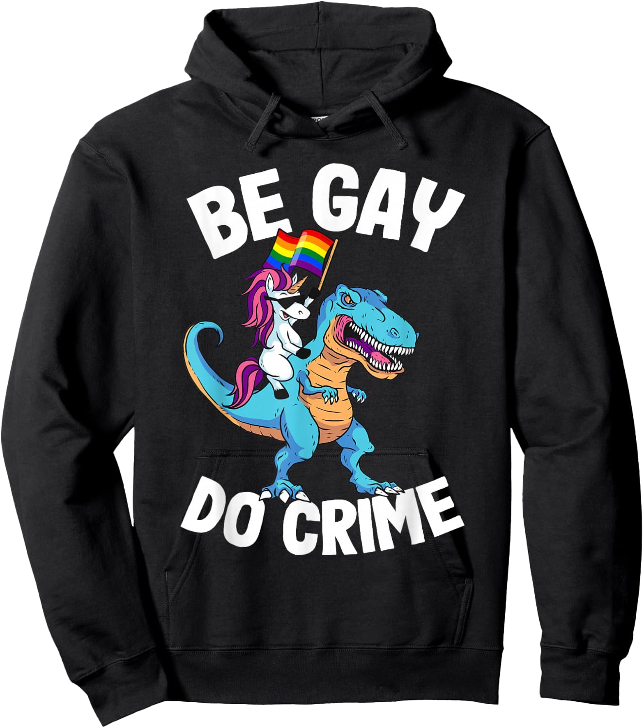 Unicorn Riding Dinosaur Pride Flag Be Gay Do Crime Hoodie - Hoodie | Black