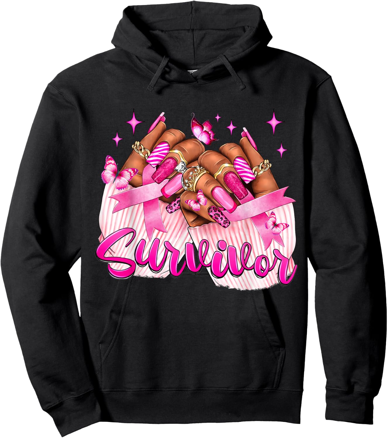 Breast Cancer Survivor Awareness Black Woman Nails Pink Hoodie - Hoodie | Black